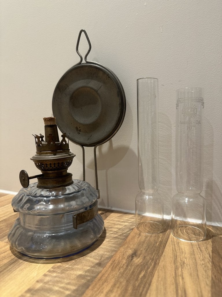 Vintage Kosmos Olielamp, 2 glazen kapjes (Gepe/ Henga Glas), Ophalen of Verzenden