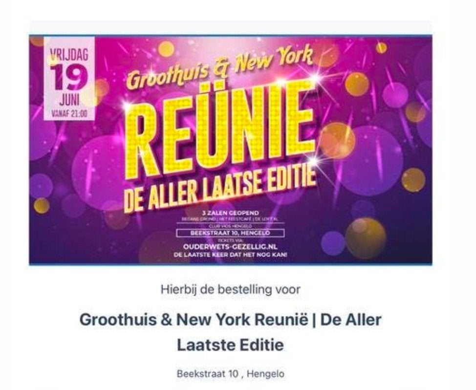 3 tickets van de reünie Groothuis en NewYork vanavond