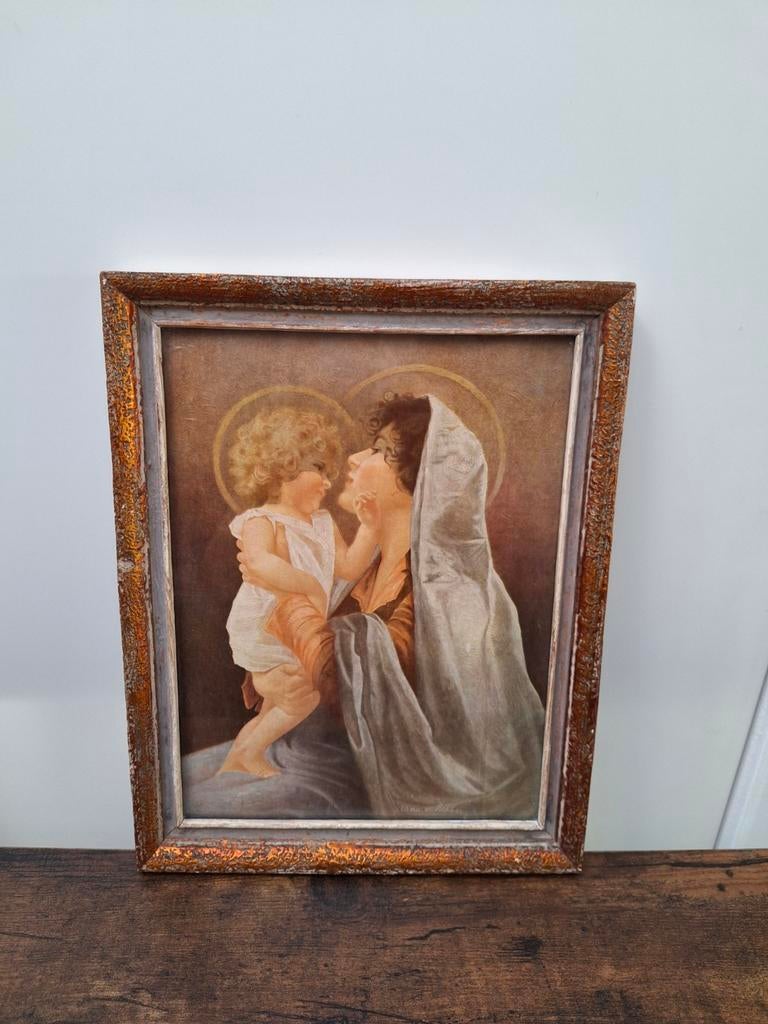 Oud schilderijtje Maria met kindje Jezus Gesigneerd, Antiek en Kunst, Antiek | Religie, Ophalen of Verzenden