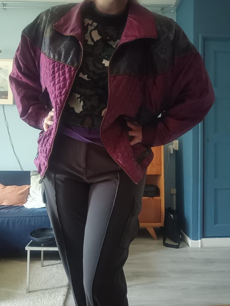 Vintage Bomber Jasje Lavon Maat L - Uniek Design, Paars, Maat 42/44 (L), Ophalen of Verzenden, Gedragen