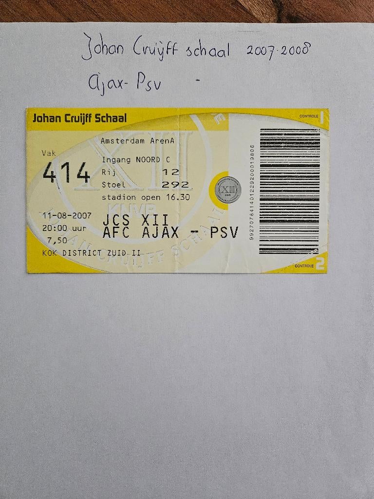 ⚽ Ticket Johan Cruijff Schaal Ajax - Psv 2007/2008 ⚽, Ophalen of Verzenden, Zo goed als nieuw, Ajax, Overige typen