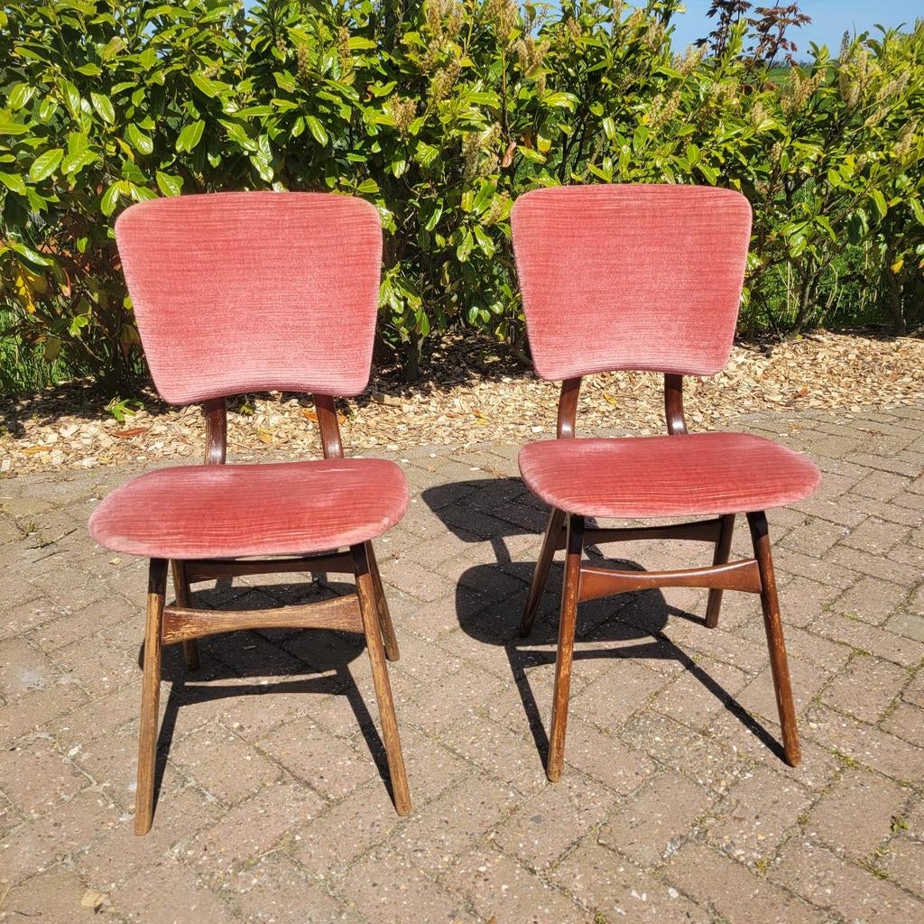Retro vintage eetkamerstoelen roze velours set 2, Huis en Inrichting, Stoelen, Ophalen