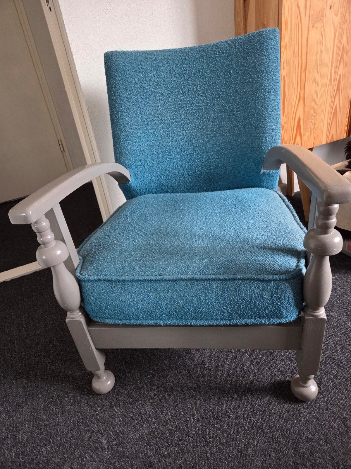 Vintage fauteuil met blauwe bekleding, Ophalen, Hout, Gebruikt, Blauw