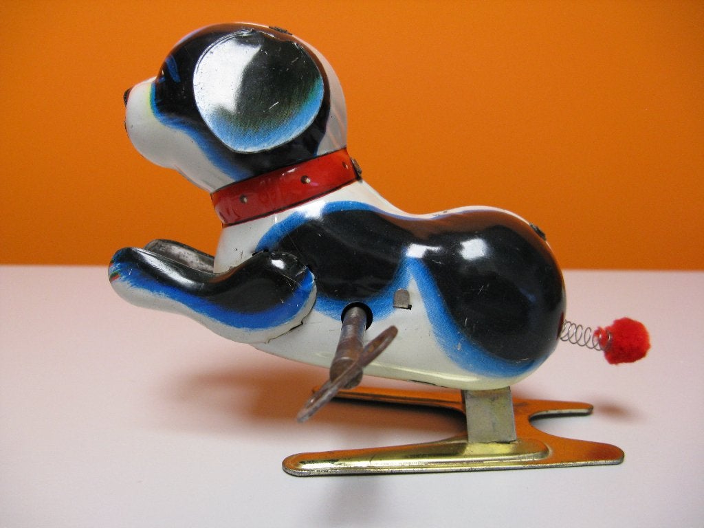 retro vintage blikken opwindbare springende vrolijke hond, Ophalen of Verzenden
