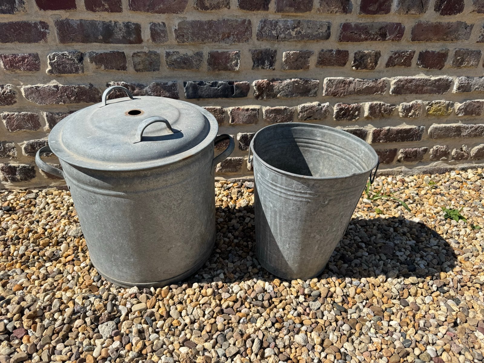 Vintage Zinken Emmer en Vuilnisbak met Deksel, Ophalen, Vintage, Gebruikt, Metaal