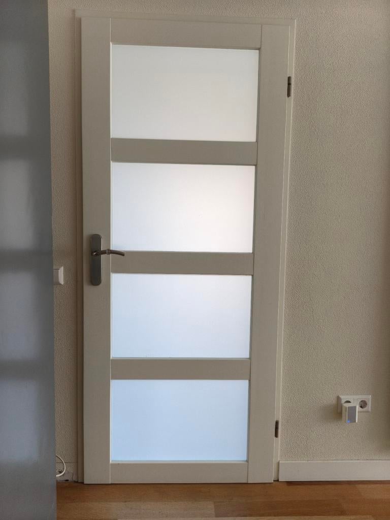 Meranti hardhouten opdekdeur met glas, 200x85x4 cm, Ophalen, Gebruikt, 80 tot 100 cm, Binnendeur