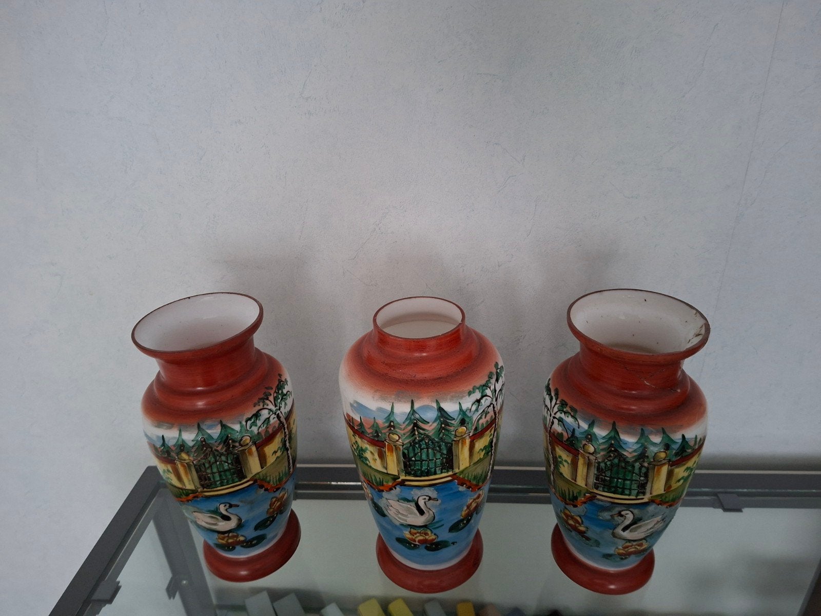 Antieke Opaline vazenset handbeschilderd uit 1890-1900, Antiek en Kunst, Ophalen