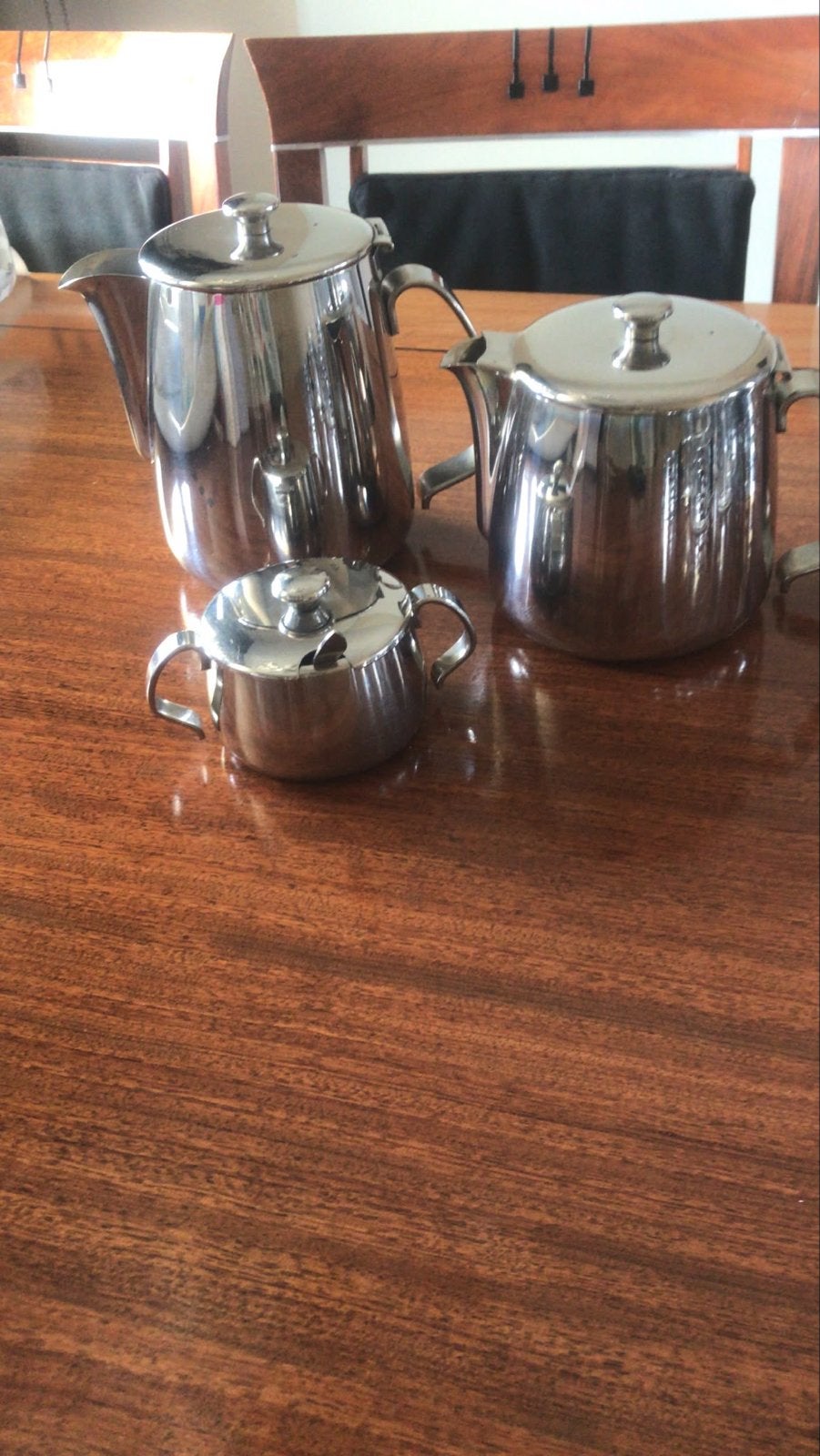 Koffiepot, theepot en suikerpotje set, Gebruikt, Zilver, Metaal, Ophalen