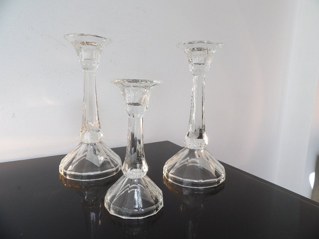 Set van 3 Art Deco Kandelaars, Boheems Kristalglas, Ophalen of Verzenden, Glas