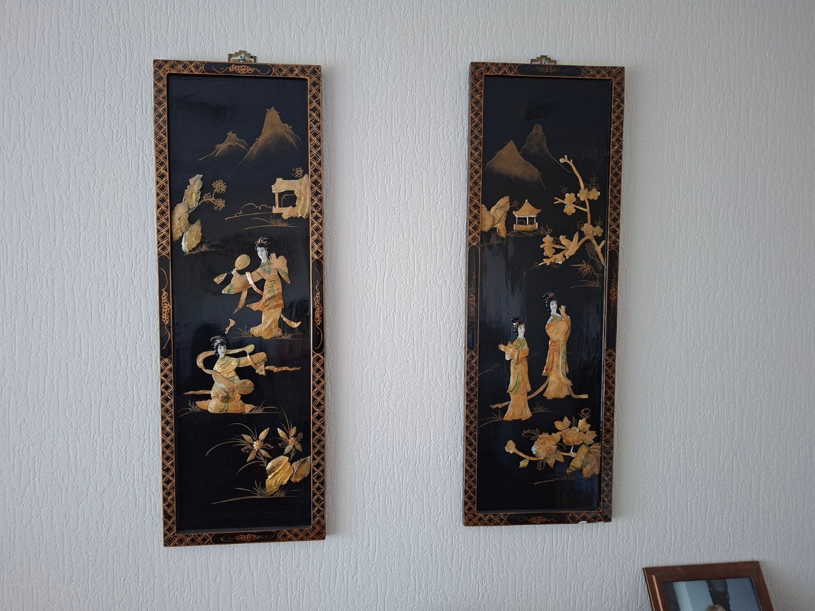 Set van 2 Vintage Oosterse Wandpanelen met Parelmoer Inleg, Ophalen, Gebruikt, Oosters, Wandbord of Wandpaneel