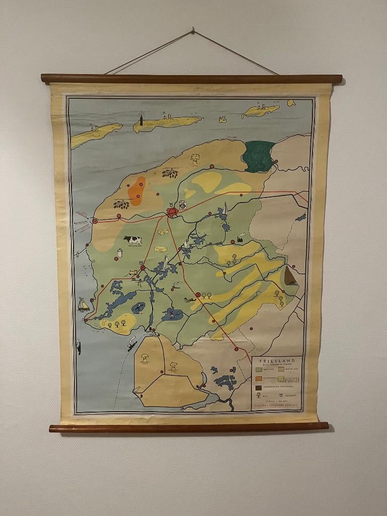 Vintage Schoolwandkaart Friesland van Bakker & Rusch, Antiek en Kunst, Ophalen of Verzenden, Aardrijkskunde