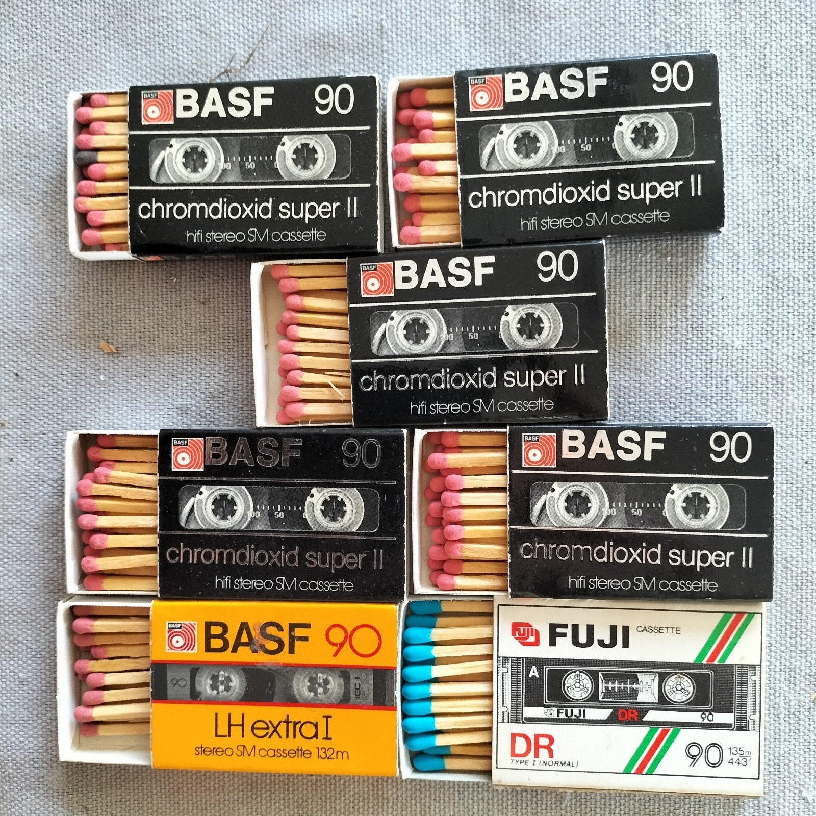 6 Lucifer doosjes Basf Fuji Cassette Bandjes, Ophalen of Verzenden, Luciferdoosjes of -merken