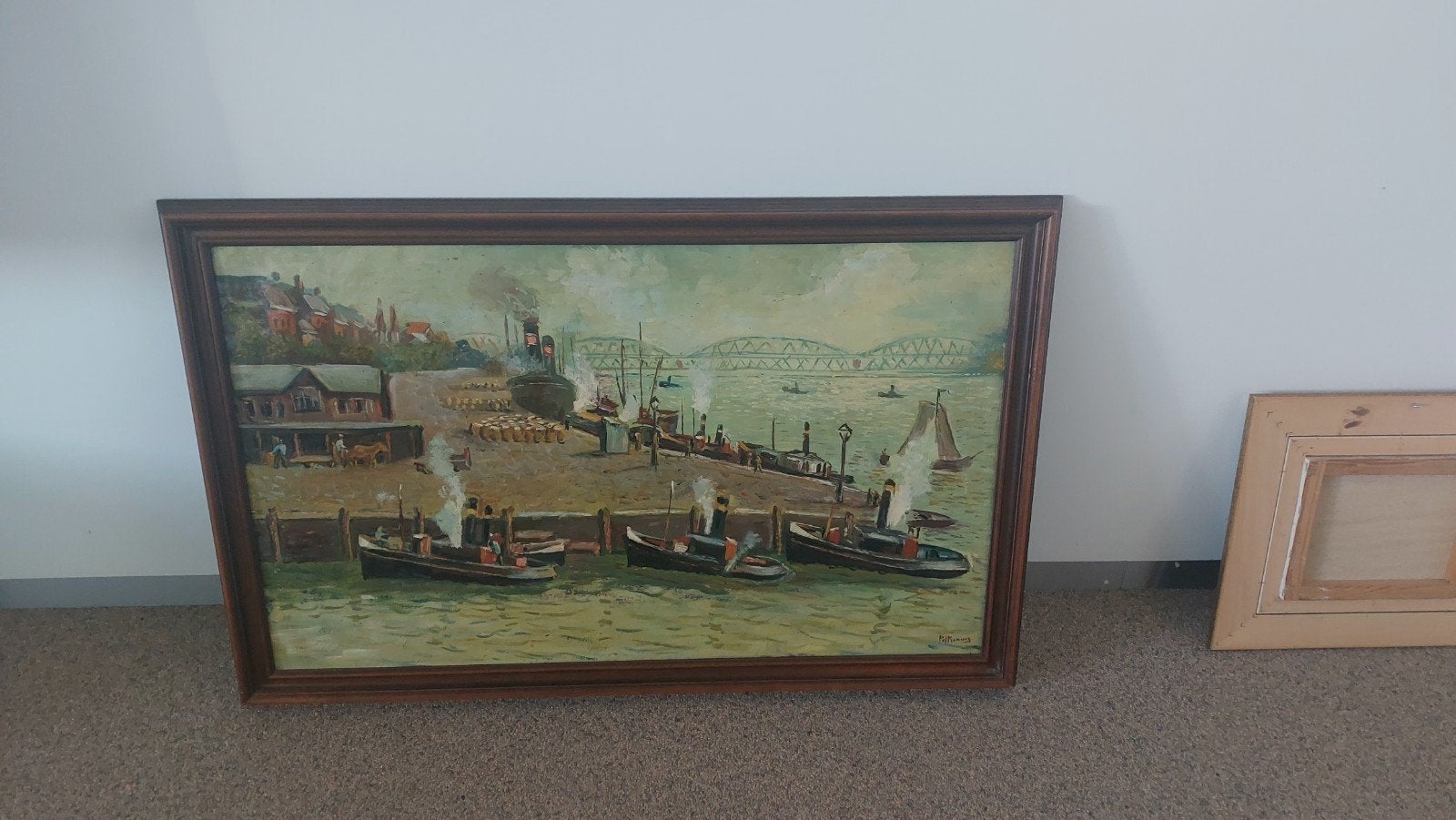 Olieverfschilderij havengezicht en berglandschap jaren 50/60, Ophalen, Maritiem / water, Overige ondergronden, Handgeschilderd