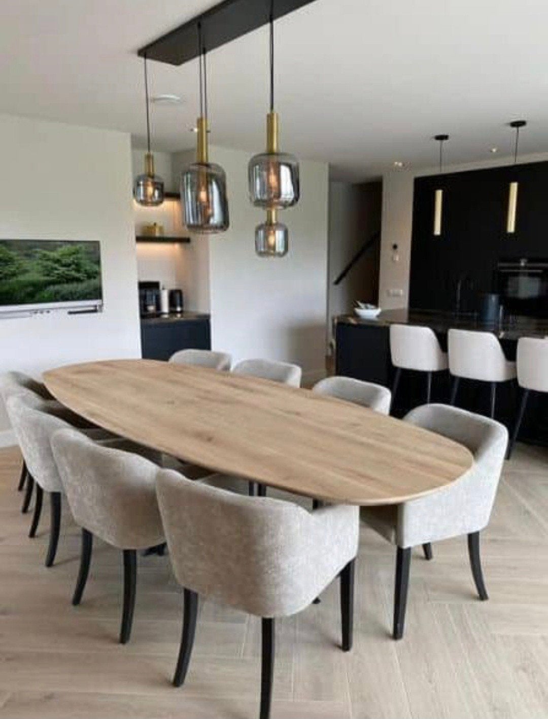 Nieuwe Massief eiken tafel 300x120cm ivm verhuizenmet spinpo, Huis en Inrichting, 100 tot 150 cm, Ophalen of Verzenden, Vijf personen of meer