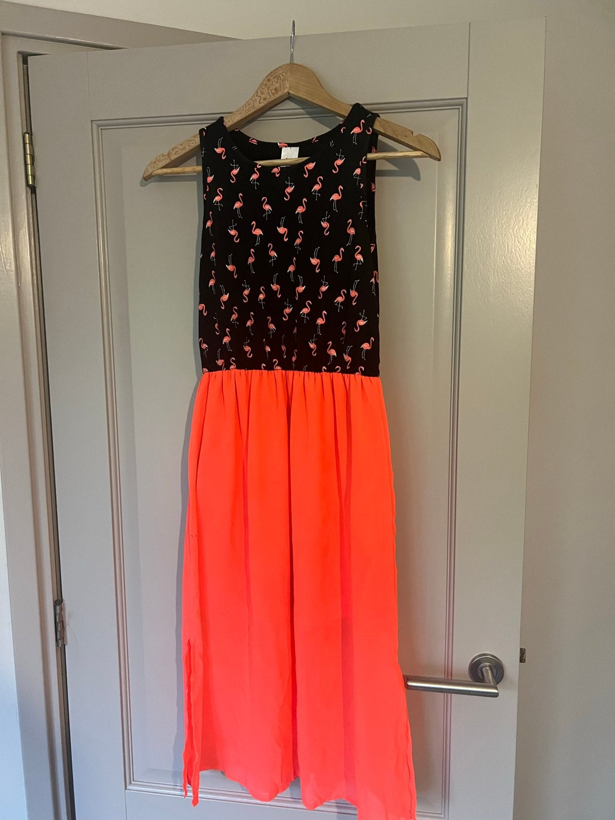 Zomerjurk met flamingo print en neon oranje rok, Ophalen of Verzenden, Gebruikt, Meisje, Jurk of Rok