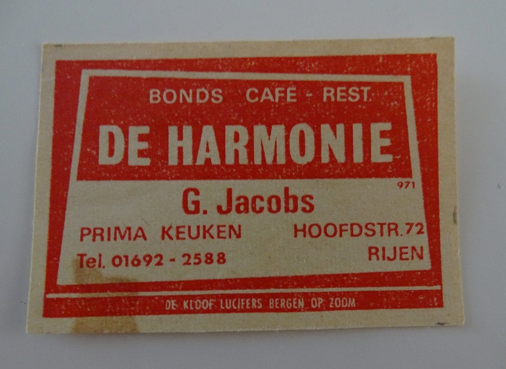 Bonds Café Rest    DE HARMONIE    Hoofdstraat   RIJEN, Verzamelen, Ophalen of Verzenden, Gebruikt, Luciferdoosjes of -merken