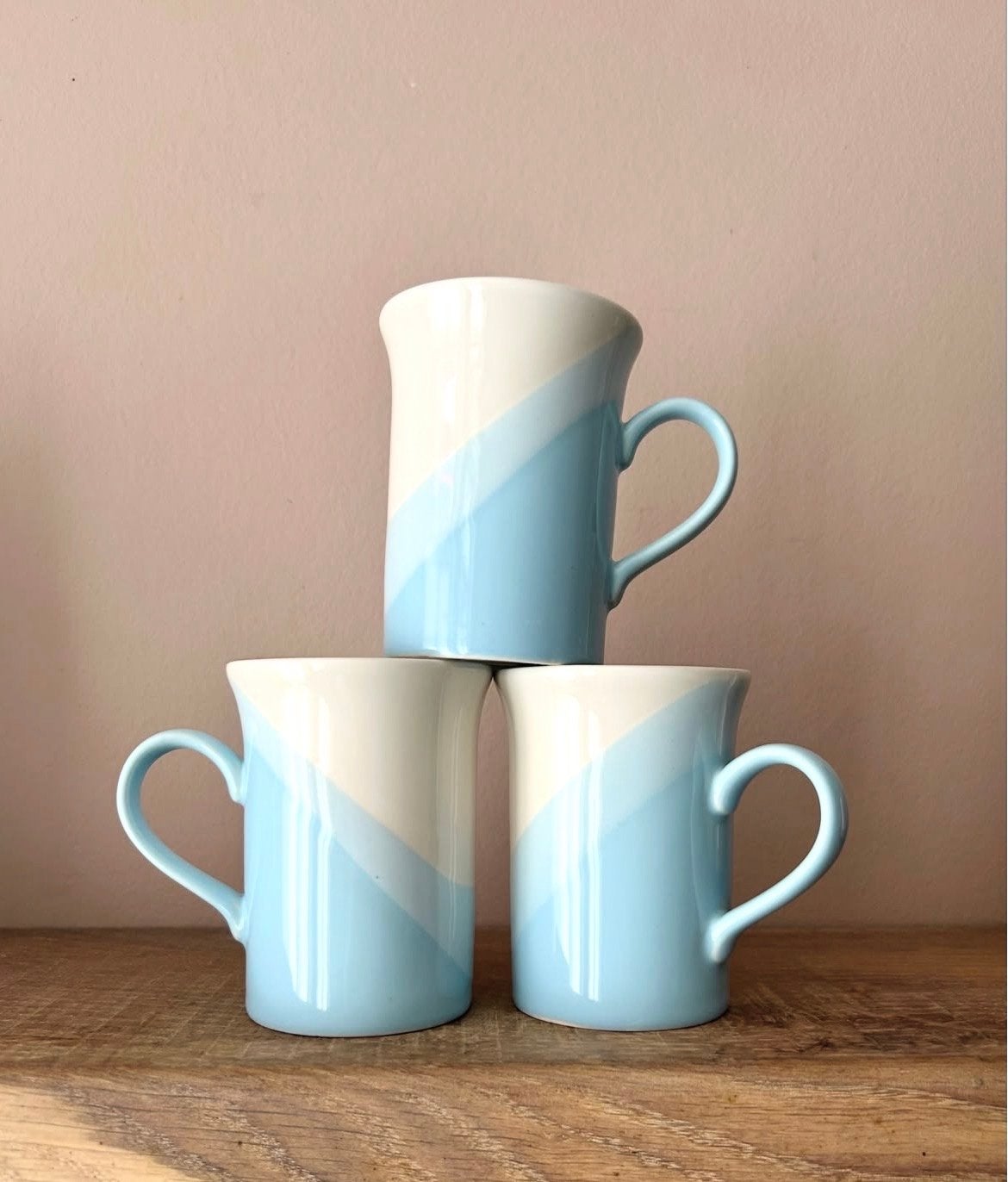 Set van 3 vintage mokken, blauw en wit gestreept, Gebruikt, Keramiek, Vintage, Mok
