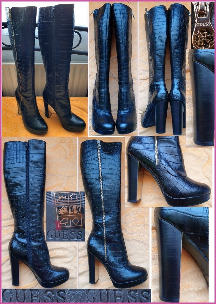 Prachtige GUESS leren laarzen met croco print maat 37, Hoge laarzen, Guess, Zwart, Ophalen of Verzenden