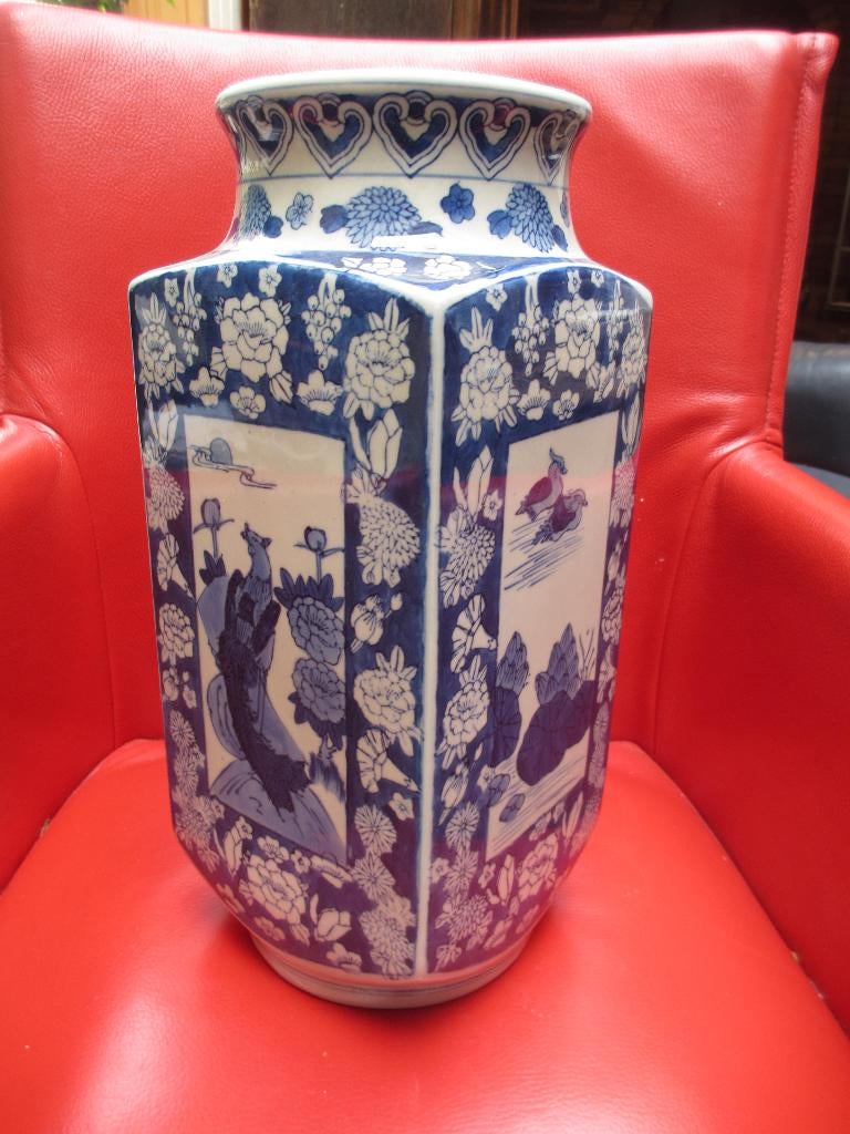 Grote oude chinees blauwe vaas vierkant bloemen vogels 38cm, Antiek en Kunst, Antiek | Porselein, Ophalen of Verzenden