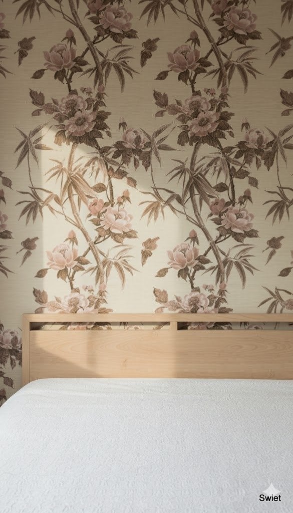 14242 vintage bloemen behang dusty rose bamboe swiet, Ophalen of Verzenden, Beige