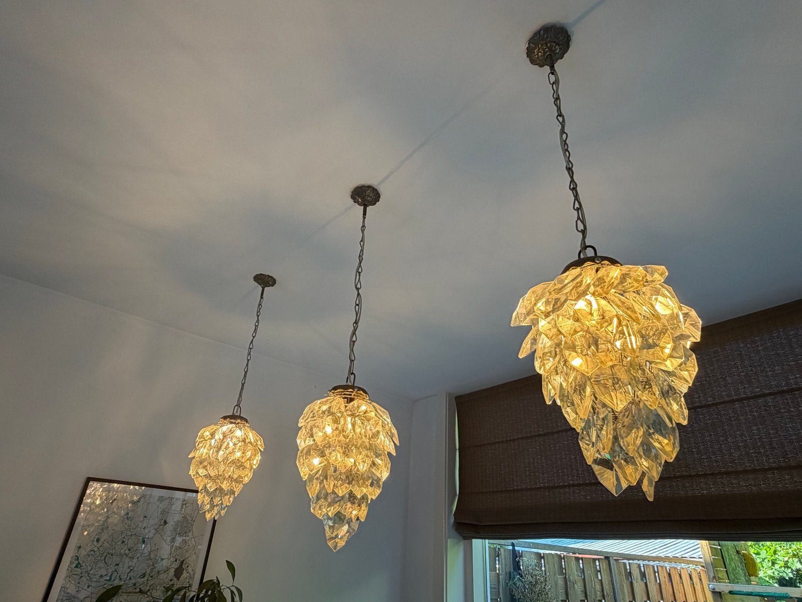 Vintage Druiventros Kristallen Hanglamp, samen of apart!, Ophalen, Gebruikt, Glas, E27 (groot)
