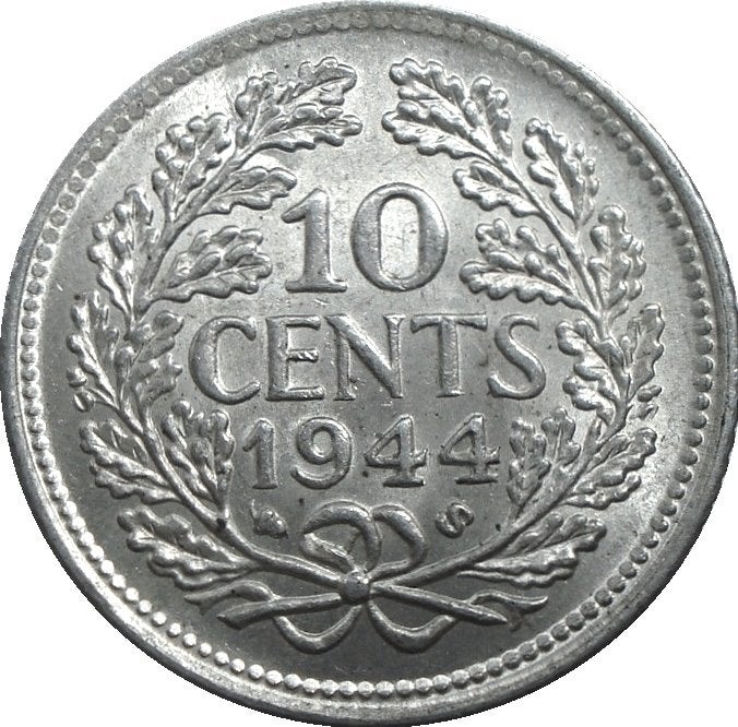 Nederland 10 cent 1944 (S, UNC, zilver), Zilver, Ophalen of Verzenden, 10 cent, Koningin Wilhelmina