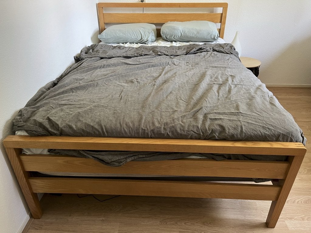 Tweepersoonsbed en matras, Huis en Inrichting, Slaapkamer | Bedden, Ophalen, Gebruikt, Bruin, Tweepersoons