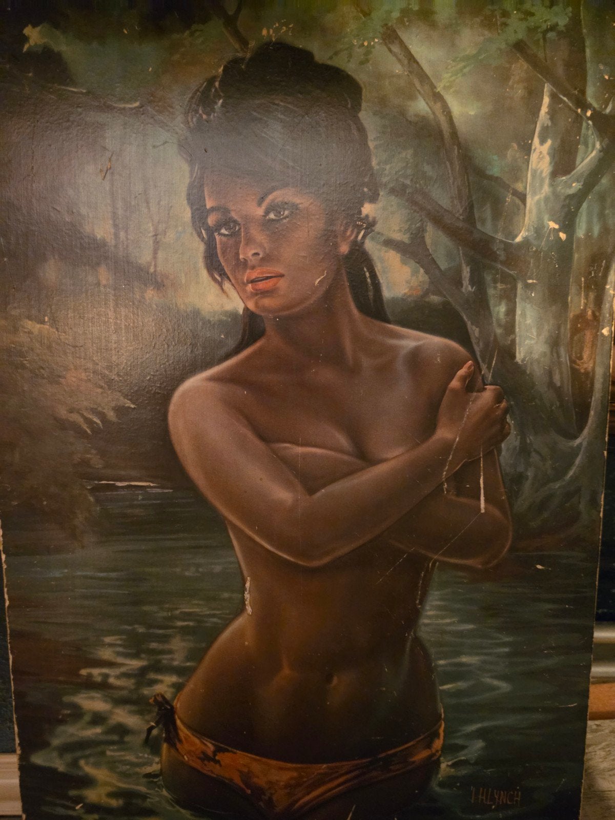 Vintage Schilderij: Vrouw in Water, gesigneerd J.H. Lynch, Ophalen, Gesigneerd, Portret of Personen, Realistisch