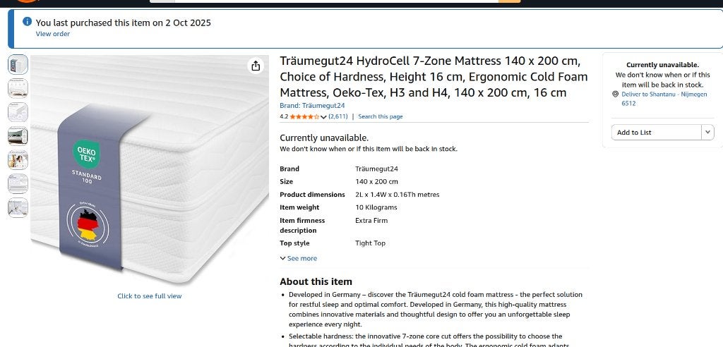 Träumegut24 Mattress 200x140 H3-H4, Under warranty, Tweepersoons, Zo goed als nieuw, Matras, 200 cm