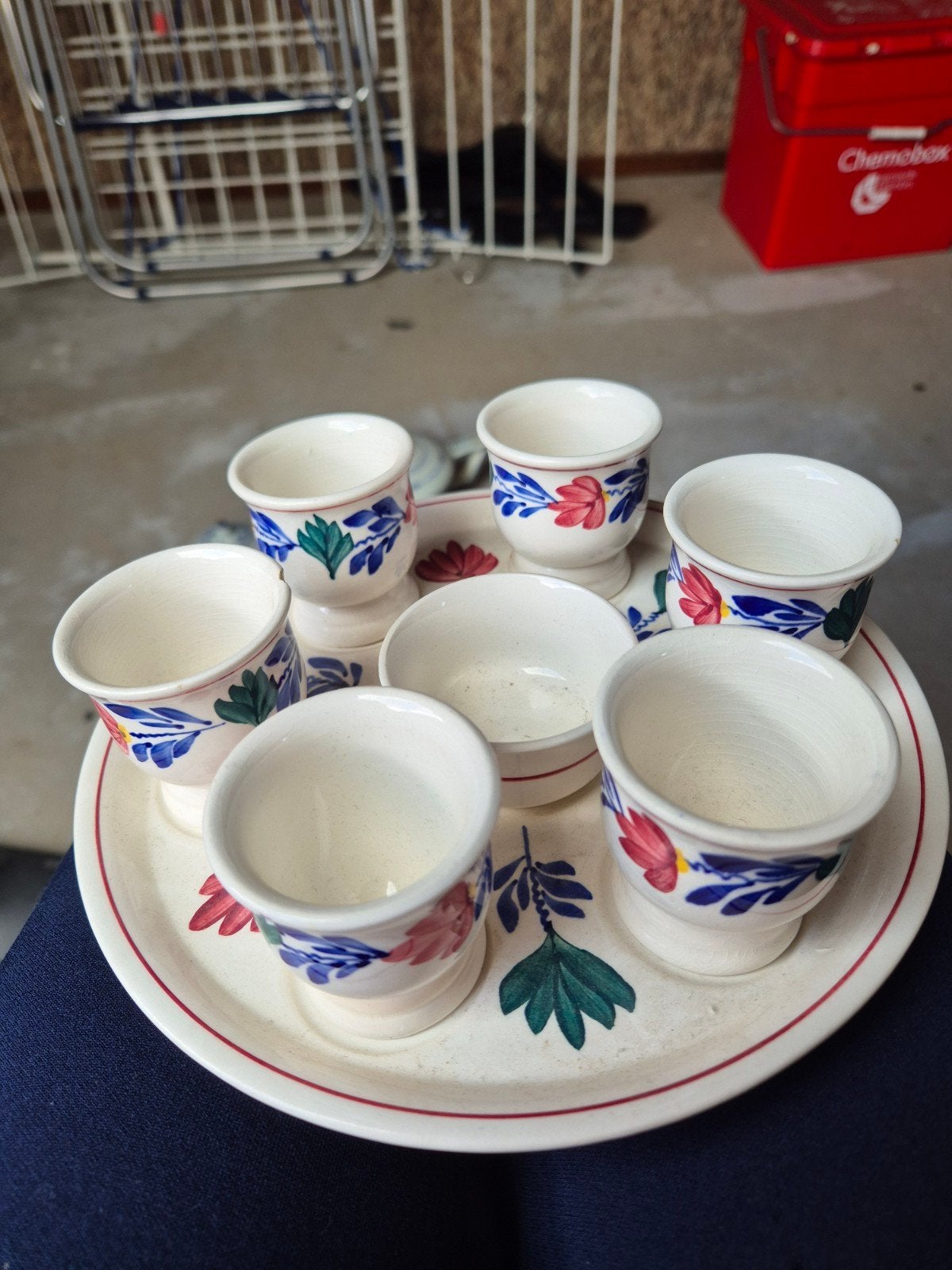 Vintage eierdopjes set met schaal - handgeschilderd, Antiek en Kunst, Ophalen