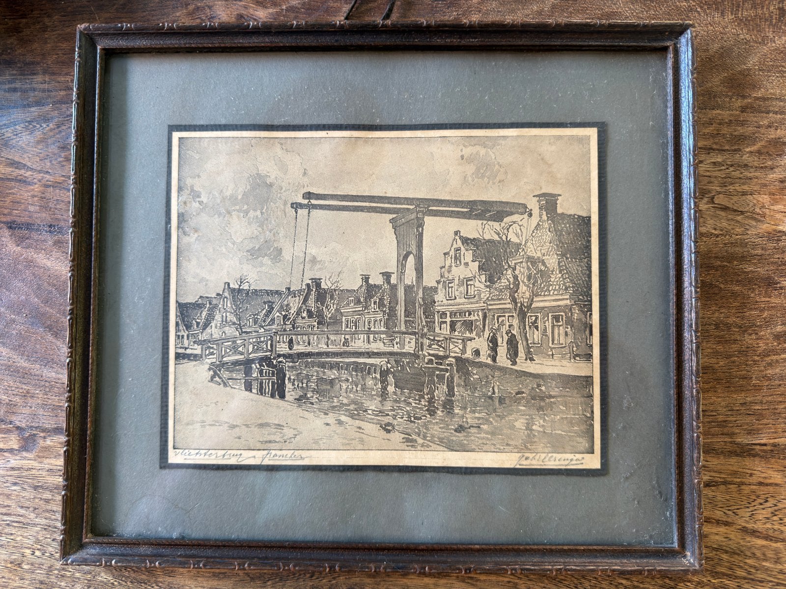 Johannes Elsinga Franeker Vlietsterbrug prent in org. lijst, Antiek en Kunst, Kunst | Tekeningen en Foto's, Ophalen