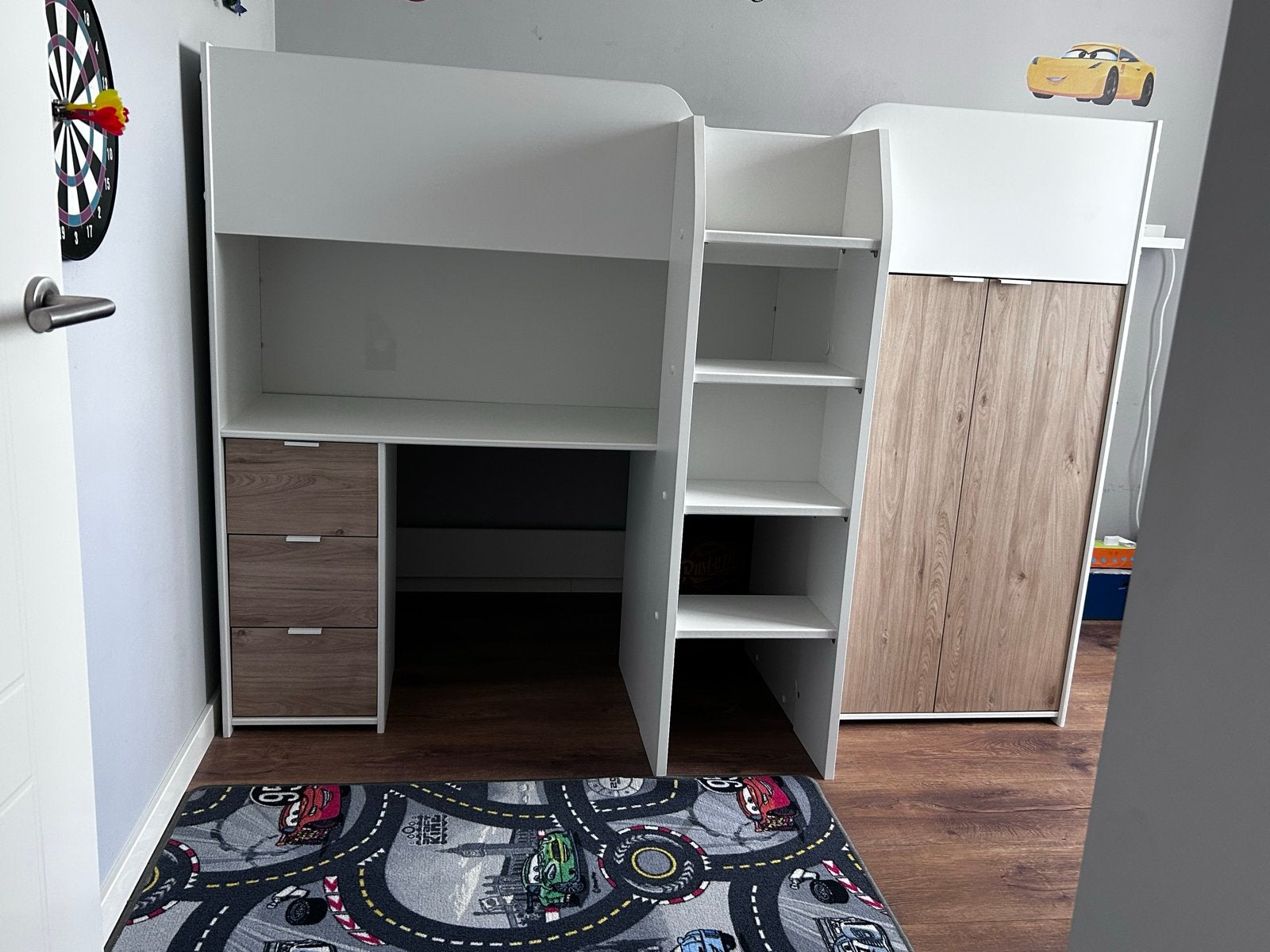Halfhoogslaper met bureau, kast en lades - Wit/Hout, Ophalen, Gebruikt, Eenpersoons, Minder dan 160 cm
