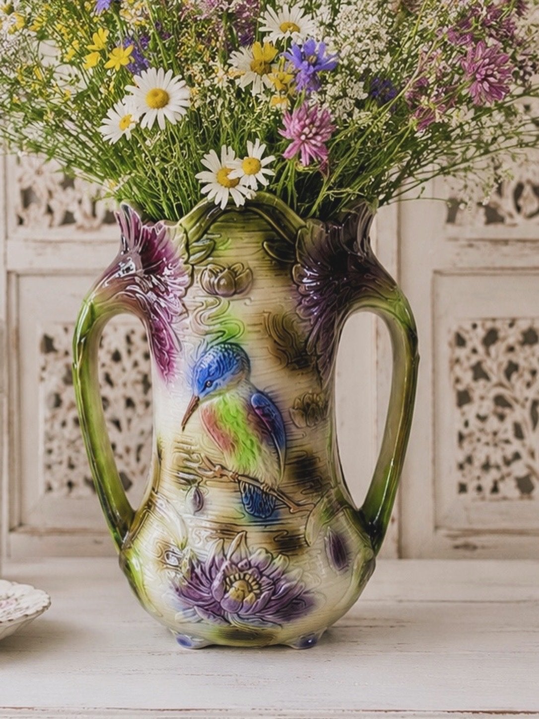 Majolica Barbotine Vaas St. Clément met Vogeldecor, Ophalen of Verzenden