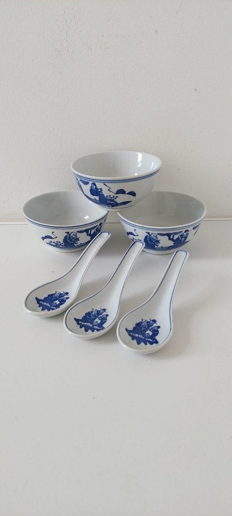 Vintage Chinese Porseleinen  3 Kommen  3 Lepels Fu Lu Shou, Ophalen of Verzenden
