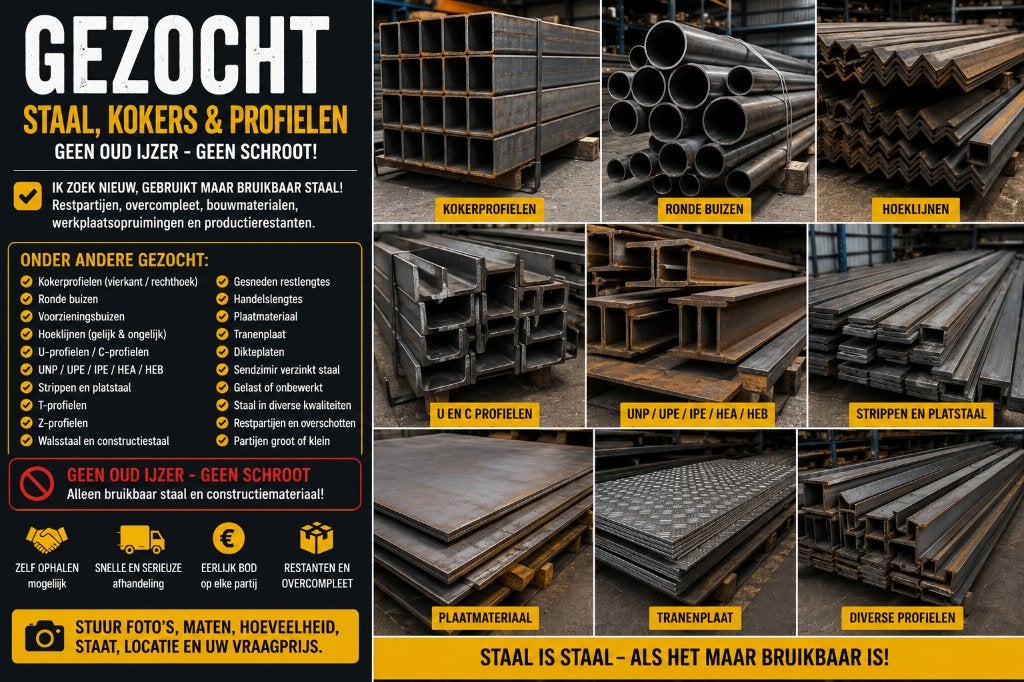 GEZOCHT–Stalen kokers profielen buizen plaatstaal restpartij, Ophalen of Verzenden