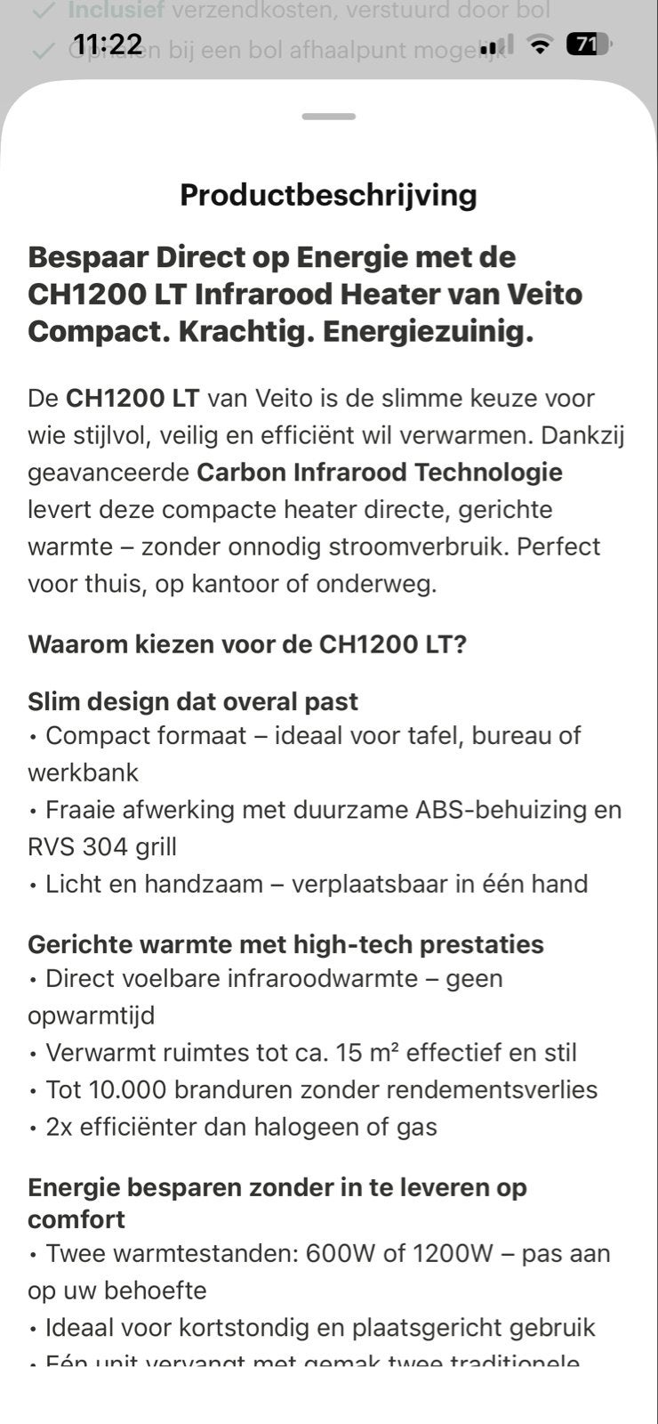 Veito CH1200 LT Infrarood Heater - Energiezuinig & Compact, Ophalen, Kachel, Minder dan 60 cm, Zo goed als nieuw