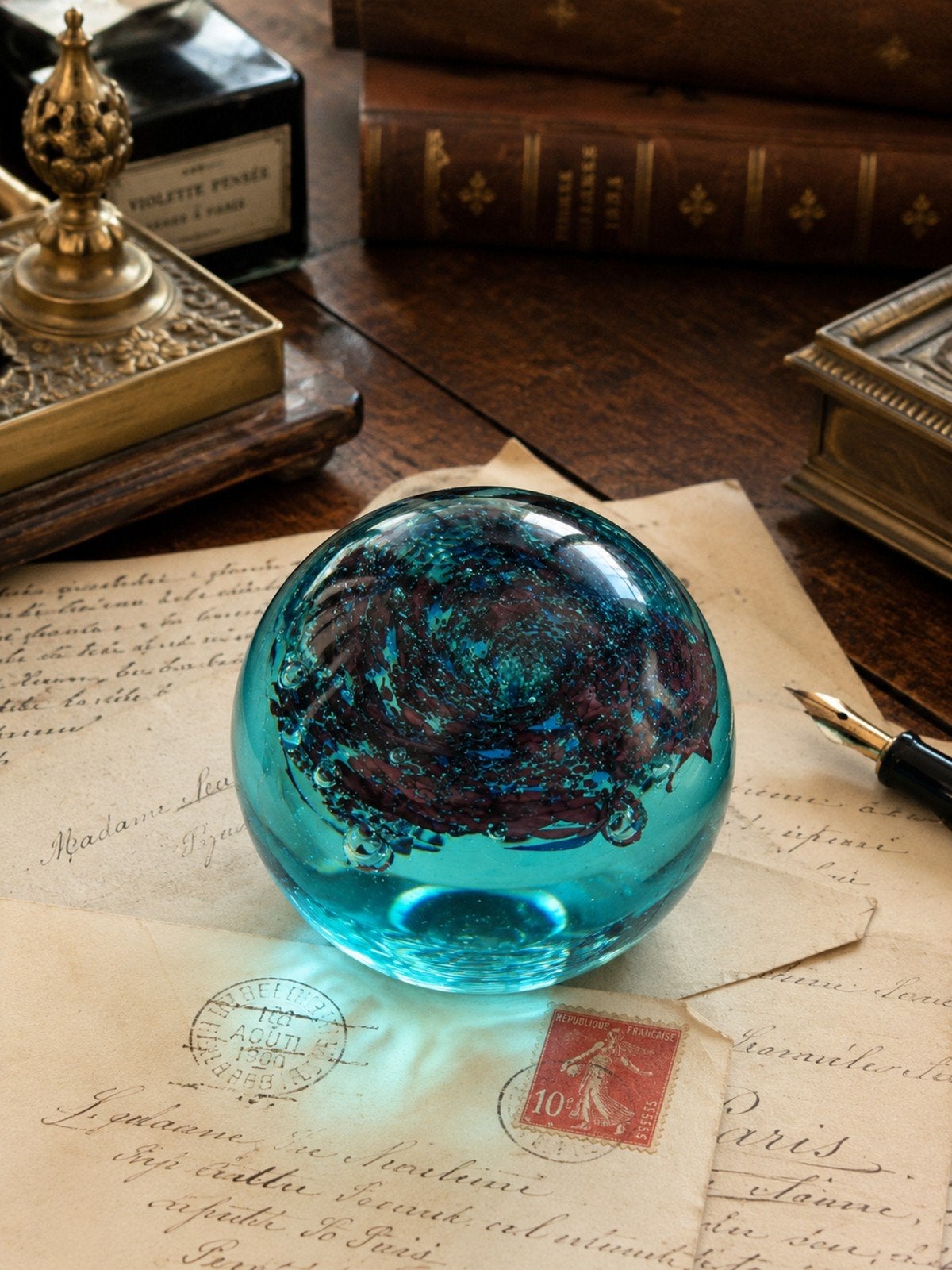 Prachtige glazen bol met turquoise en blauwe accenten, Antiek en Kunst, Antiek | Glas en Kristal, Ophalen of Verzenden