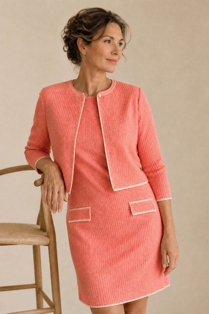 Natan Koraalroze Bouclé Jurk & Vest Set Twinset EU 38, Maat 38/40 (M), Kostuum of Pak, Verzenden, Zo goed als nieuw