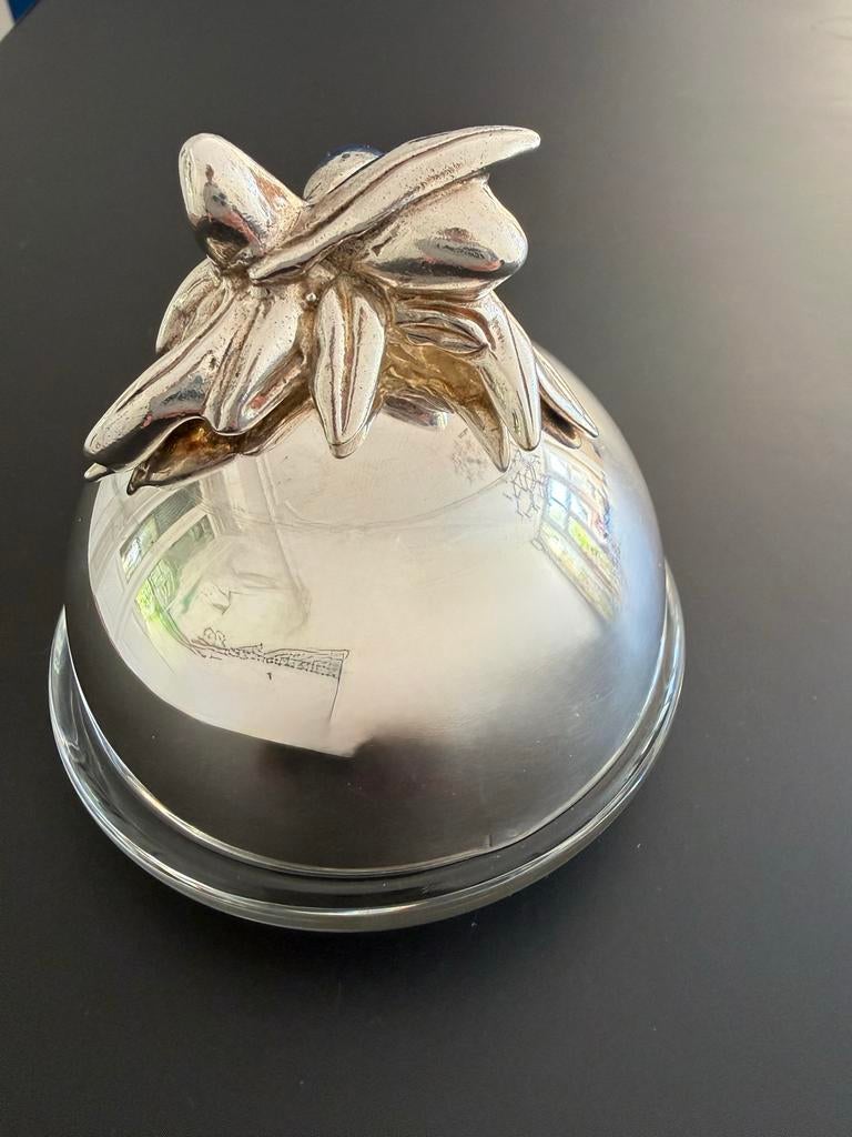 ZIlverkleurige botervloot met glazen schaal- Roux Marquiand, Antiek en Kunst, Ophalen of Verzenden