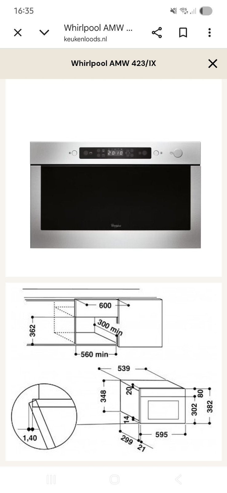 Whirlpool AMW 423/IX Inbouw Magnetron, Witgoed en Apparatuur, Ophalen, Minder dan 45 cm, Whirlpool, Oven