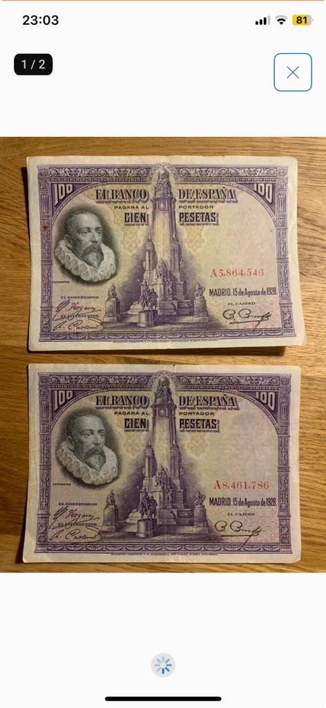 Spanje - 100 pesetas 1928 - 2 stuks, Postzegels en Munten, Bankbiljetten | Europa | Niet-Eurobiljetten, Ophalen of Verzenden, Overige landen
