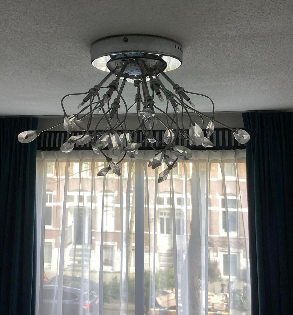 Plafondlamp met glazen druppels, Huis en Inrichting, Ophalen, Gebruikt, Metaal