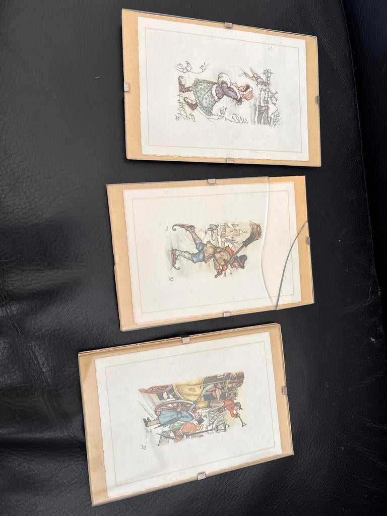 Set van 3 handgekleurde prenten, 19e eeuw, Antiek en Kunst, Handgekleurd, Dagelijks leven, 1800 - 1899, Overige technieken