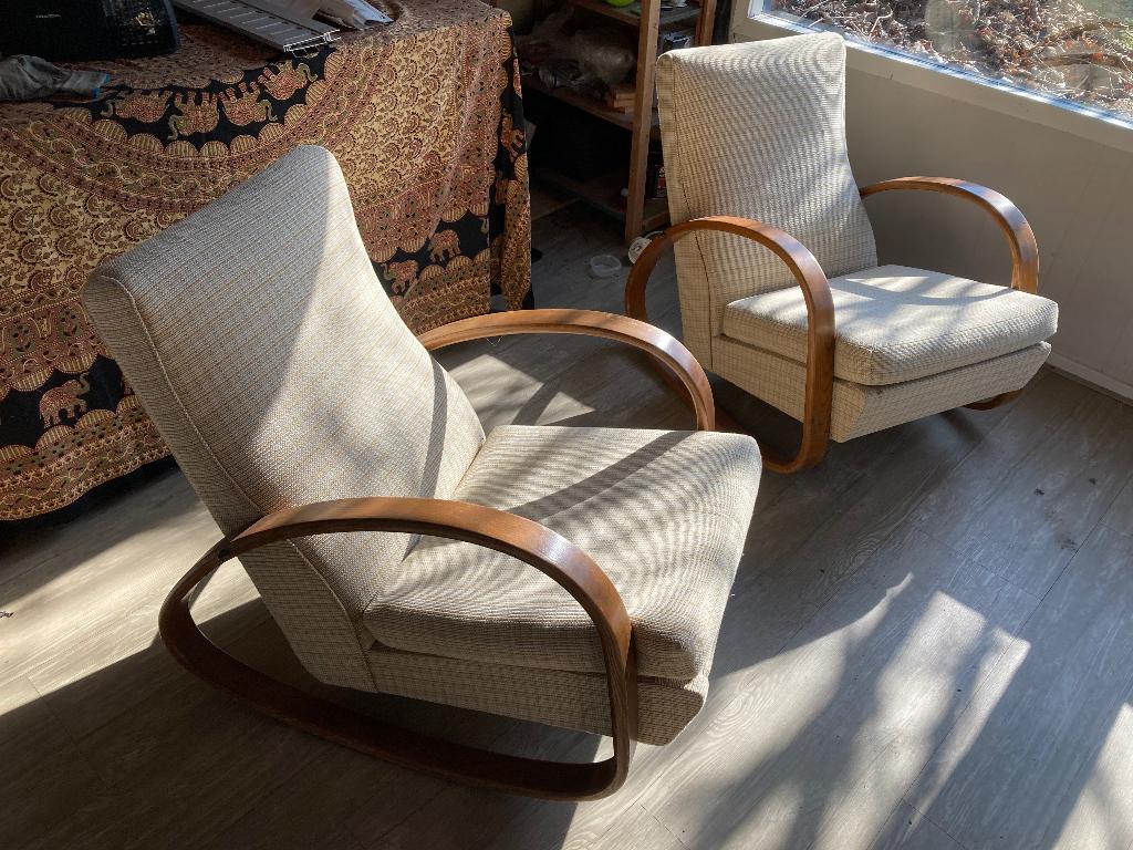 Design schommelstoelen, Huis en Inrichting, Stoelen, Gebruikt, Twee, Hout, Overige kleuren, Ophalen