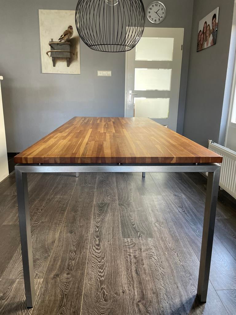 Eikenhouten eettafel met metalen rvs onderstel, Huis en Inrichting, Tafels | Eettafels, Gebruikt, Eikenhout, Vijf personen of meer