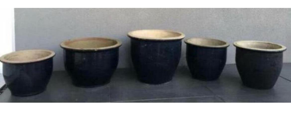 Grote oud Hollandse terracotta geglazuurde blauw bloempotten, Gebruikt, Rond, Minder dan 40 cm, Binnen