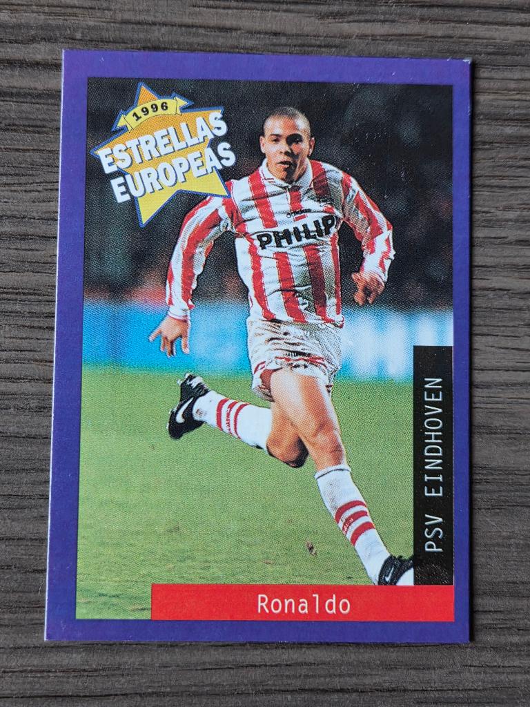 1996 Ronaldo Nazario de Lima rookie trading card PSV rc, Ophalen of Verzenden, Zo goed als nieuw, Buitenlandse clubs, Poster, Plaatje of Sticker