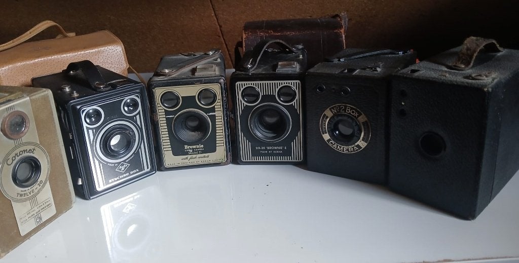 Vintage fotocameraset–6 oude boxcamera's+2 originele tasjes, Ophalen of Verzenden, Niet werkend, Compact, Overige Merken