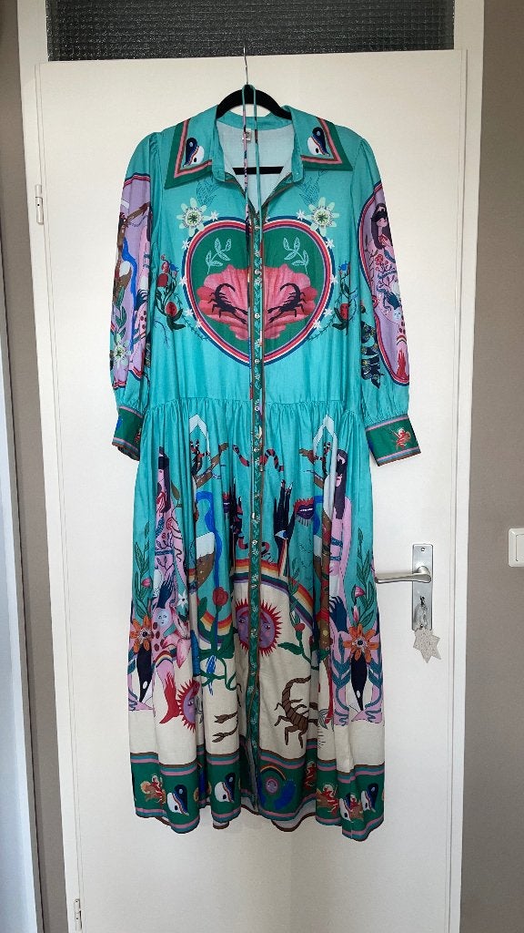 vintage turquoise lange jurk maat XXL, Boetiek, Blauw, Maat 46/48 (XL) of groter, Ophalen of Verzenden