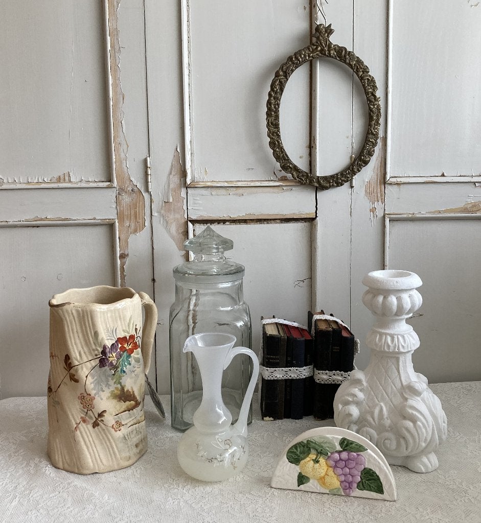 Brocante glazen stopfles - kerkboekjes - vaasje - kandelaar, Ophalen